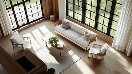 Poster - modern living room with large windows and minimalist furniture in a cozy wooden setting during dayli