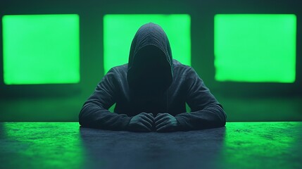 Poster - Hooded figure sits at table before glowing green screens.