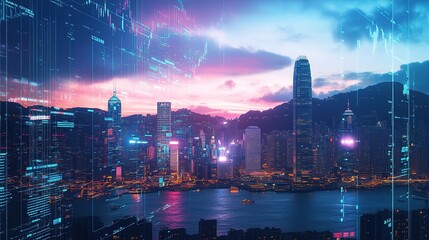 Poster - Double Exposure of Rising Stock Chart Over Hong Kong Skyline