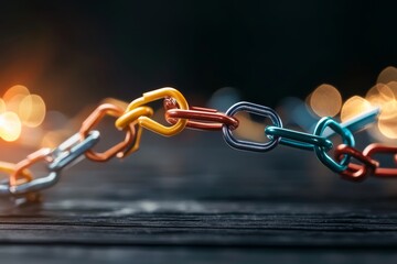 Poster - Colorful metal chain links connected on a dark wooden surface with blurred lights in the background