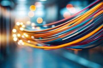 Aufkleber - Brightly colored fiber optic cables create dynamic patterns of light in a modern urban environment