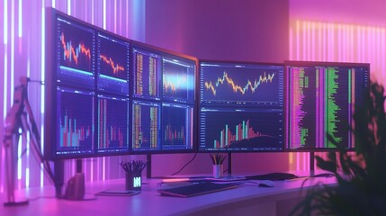 Poster - Modern Trader Workspace with Multiple Screens and Colorful Displays