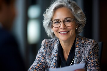 Poster - Professional woman engaging in a meeting with a colleague in a modern office setting