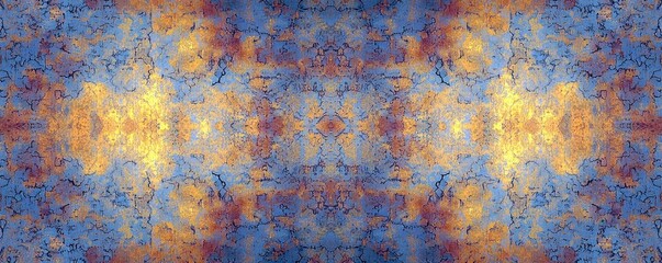 Poster - Abstract artwork depicting a vibrant blend of blue and orange hues creating a symmetrical pattern resembling nature-inspired textures and organic forms