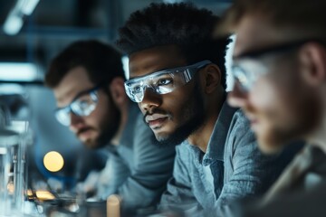 Poster - Engineers collaborate in a laboratory, focused on experiments and research during evening hours