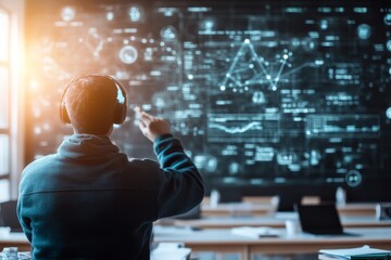 Poster - Person analyzes data on a digital interface while wearing headphones in a modern workspace