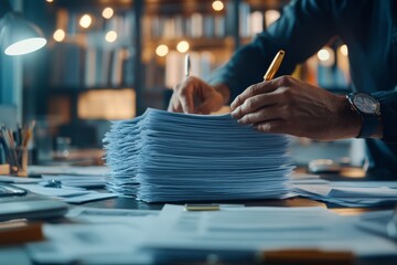 Poster - Hands sorting through paperwork in a well-lit office with shelves of books in the background during evening hours