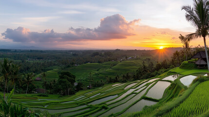 Wall Mural - stunning sunset over lush rice terraces in bali showcasing vibrant green fields and a tranquil sky