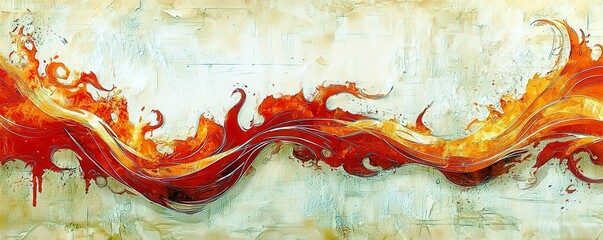 Poster - Vibrant Abstract Artwork with Flames and Fluid Lines in Red, Orange, and Yellow Tones on a Textured Light Background