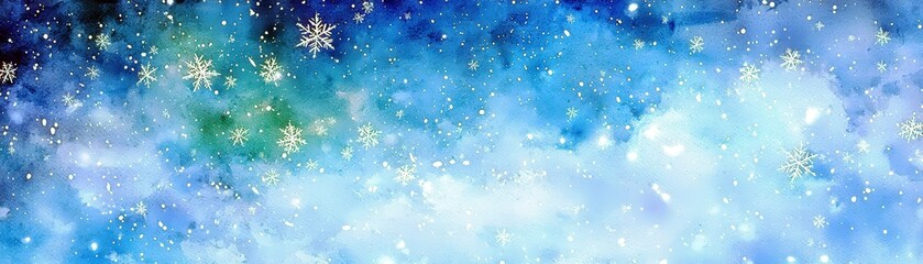 Poster - Blue and White Snowy Background with Sparkling Snowflakes and Soft Cloud Effects for Winter and Holiday Themes