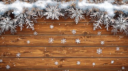 Poster - Festive Background with Snowflakes and Wooden Texture, Ideal for Winter or Holiday-Themed Designs and Decorations, Capturing the Essence of Cozy Atmosphere