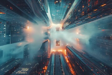 Wall Mural - cityscape, fog, skyscrapers, night.