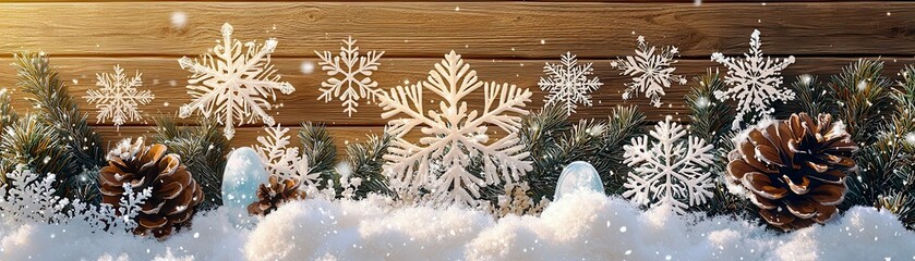 Poster - Cozy Winter Scene with Snowflakes, Pinecones, Greenery, and Soft Snow against a Wooden Background for Holiday and Seasonal Themes