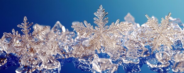 Poster - Detailed close-up view of beautiful ice snowflakes on reflective surface creating a winter wonderland atmosphere with glimmering crystals and blue background.