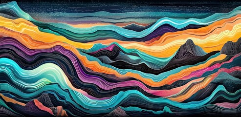 Poster - Colorful Abstract Landscape with Fluid Lines and Waves Creating a Vibrant Atmosphere of Nature's Beauty at Dusk or Dawn