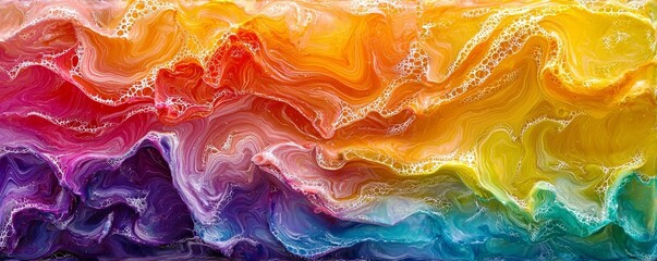 Poster - Vibrant Abstract Fluid Art with Wave Patterns in Bright Colors of Orange, Yellow, Red, Purple, and Blue Creating a Mesmerizing Visual Experience