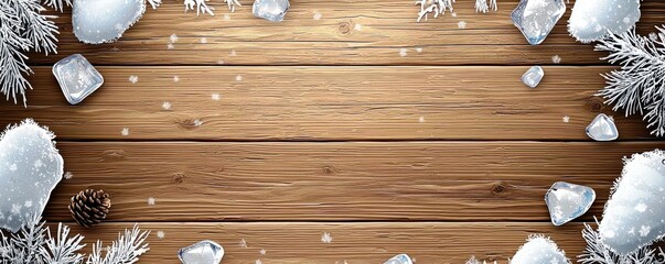 Poster - Winter Scene with Snowflakes, Ice Cubes, Pine Cone, and Frosted Leaves on Rustic Wooden Background for Seasonal Decorations and Digital Designs
