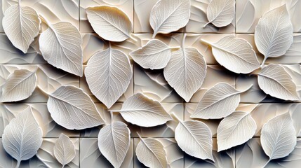 Poster - Elegant White Leaves in 3D Texture on Soft Background, Perfect for Nature Themes, Home Decor, or Eco-Friendly Design Projects