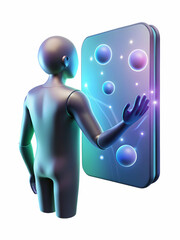 Wall Mural - Silhouette Engaging Holographic Interface with Soft Bokeh Background