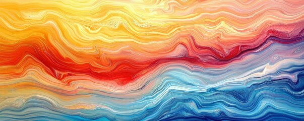Poster - Abstract color swirl pattern with vibrant hues of orange, red, yellow, and blue, resembling a stunning sunset or ocean waves in a creative artwork background