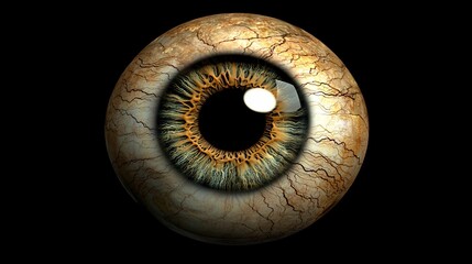Poster - Close-up of a detailed human eye with brown and green iris, showing wrinkles and texture on the sclera against a black background.