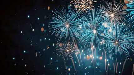 Poster - Spectacular blue and white fireworks bursting in the night sky creating a dazzling display of light and color against a dark background