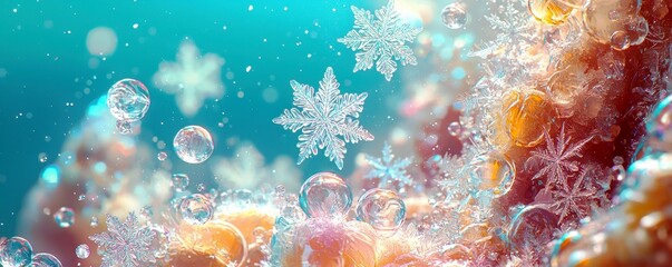 Poster - Underwater Scene with Snowflakes, Bubbles, and Colorful Coral in Exquisite Detail, Creating a Magical Aquatic Atmosphere for Imagination
