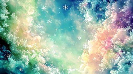 Poster - Ethereal Cloudscape with Colorful Hues and Soft Snowflakes in a Dreamlike Sky for Artistic and Creative Backdrops