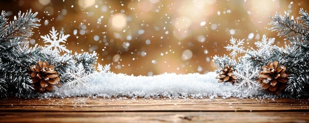 Poster - Beautiful winter scene with snowflakes, frosty pine branches, and pine cones on a rustic wooden background for holiday and seasonal themes