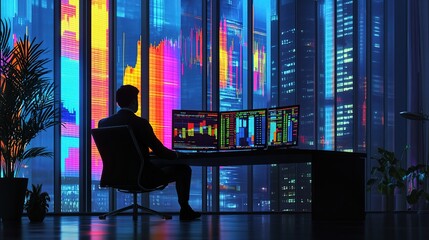 Poster - Businessman Analyzing Data in Modern Office with City View at Night