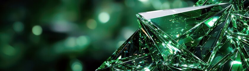 Poster - Glimmering Emerald Crystals Reflecting Light in Enigmatic Depths of Green, Creating a Mesmerizing Abstract Background for Artistic Displays
