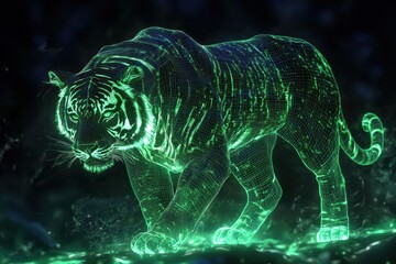 Poster - Neon Tiger in Digital Wireframe, High-Tech Animal Illustration