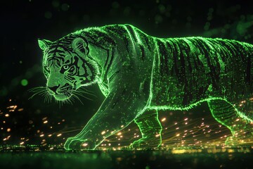 Poster - Neon Tiger Image with Glowing Lines and Sparkling Effects