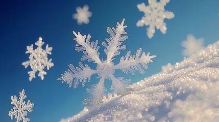 Poster - Beautiful snowflakes gently falling on a sparkling winter landscape highlighting the magic and tranquility of a snowy day in nature's serene environment