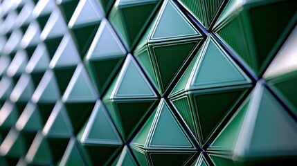 Poster - Abstract geometric background featuring three-dimensional triangular shapes in shades of green with a glossy finish and intricate patterns