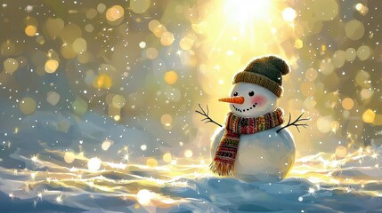 Poster - Cheerful snowman in a snowy landscape with glowing sunlight and sparkling bokeh, enjoying a winter wonderland scene with magic and warmth