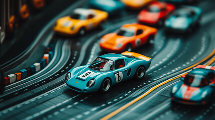 A close-up of vibrant toy racing cars, including a blue car in the lead, zooming on a detailed miniature race track, showcasing colorful details and playful energy.