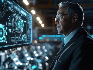 Poster - Thoughtful Businessman Analyzing Data on High-Tech Digital Screen