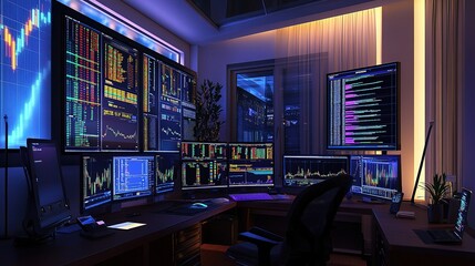 Poster - Modern Trader Workspace with Vibrant Stock Charts and Data Displays