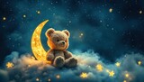 Teddy Bear Dreaming on a Crescent Moon