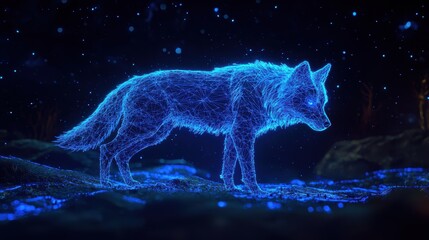 Poster - Glowing Blue Wolf in a Starry Night Scene with Digital Effect