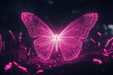 Poster - Glowing Digital Butterfly with Neon Effects in Dark Environment