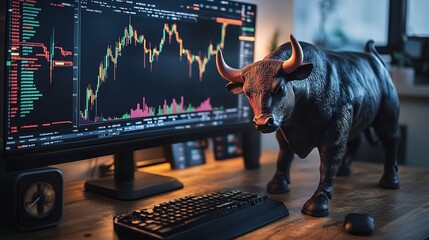 Poster - Angry Bull Represents Trading Market on Computer Screen Display
