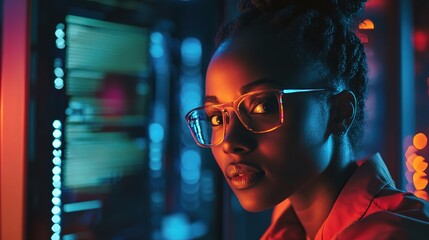 Poster - Focused Black Woman Working as IT Support Engineer in Server Room