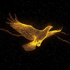 Poster - A Golden Wireframe Eagle in Flight Against a Dark Starry Background
