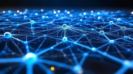Poster - A complex network of interconnected glowing blue nodes and lines against a dark background. This symbolizes data connections, neural networks or other complex systems.