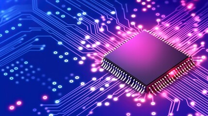 Poster - A close-up of a computer chip on a circuit board with glowing lines and dots in pink and blue hues illustrating technological advancement.