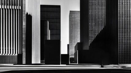 Poster - Black and White Urban Landscape with Modern Skyscrapers and Shadows