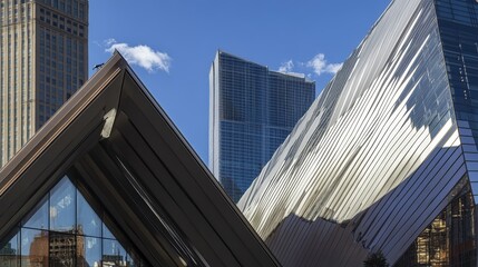 Poster - Modern Architecture with Steel Facades and Clear Blue Sky