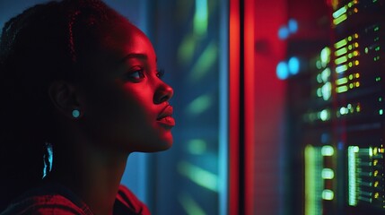Poster - Focused Black Woman Working in IT Support as an Engineer at Night